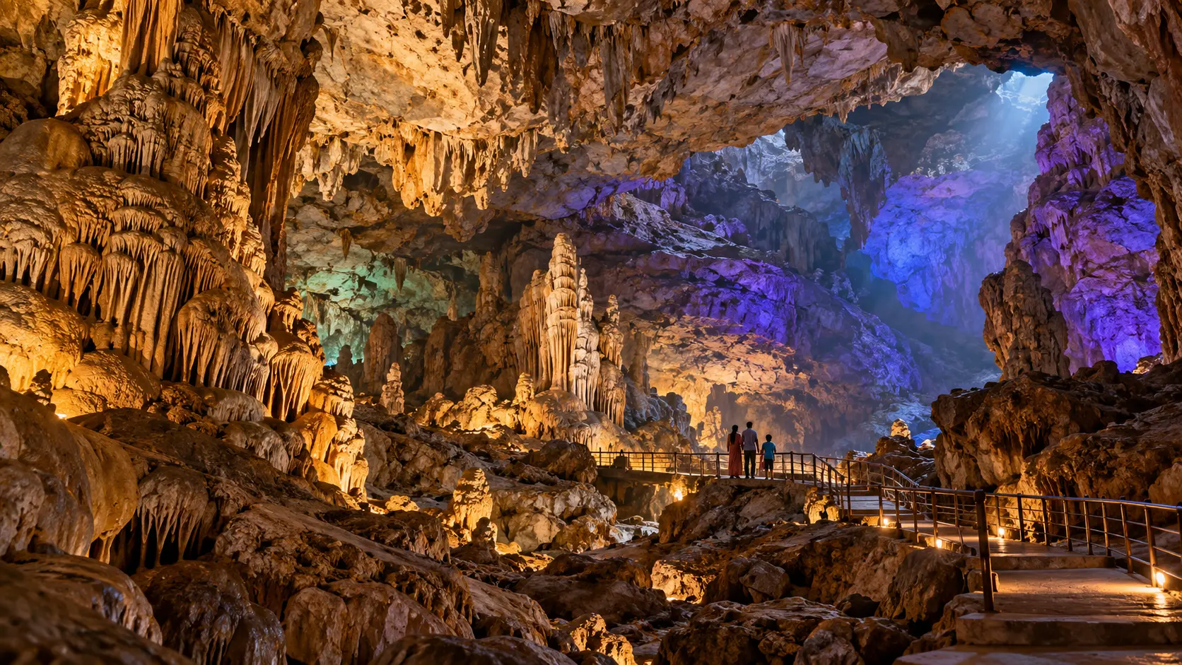 Illuminated limestone formations and visitor walkway inside Borra Caves