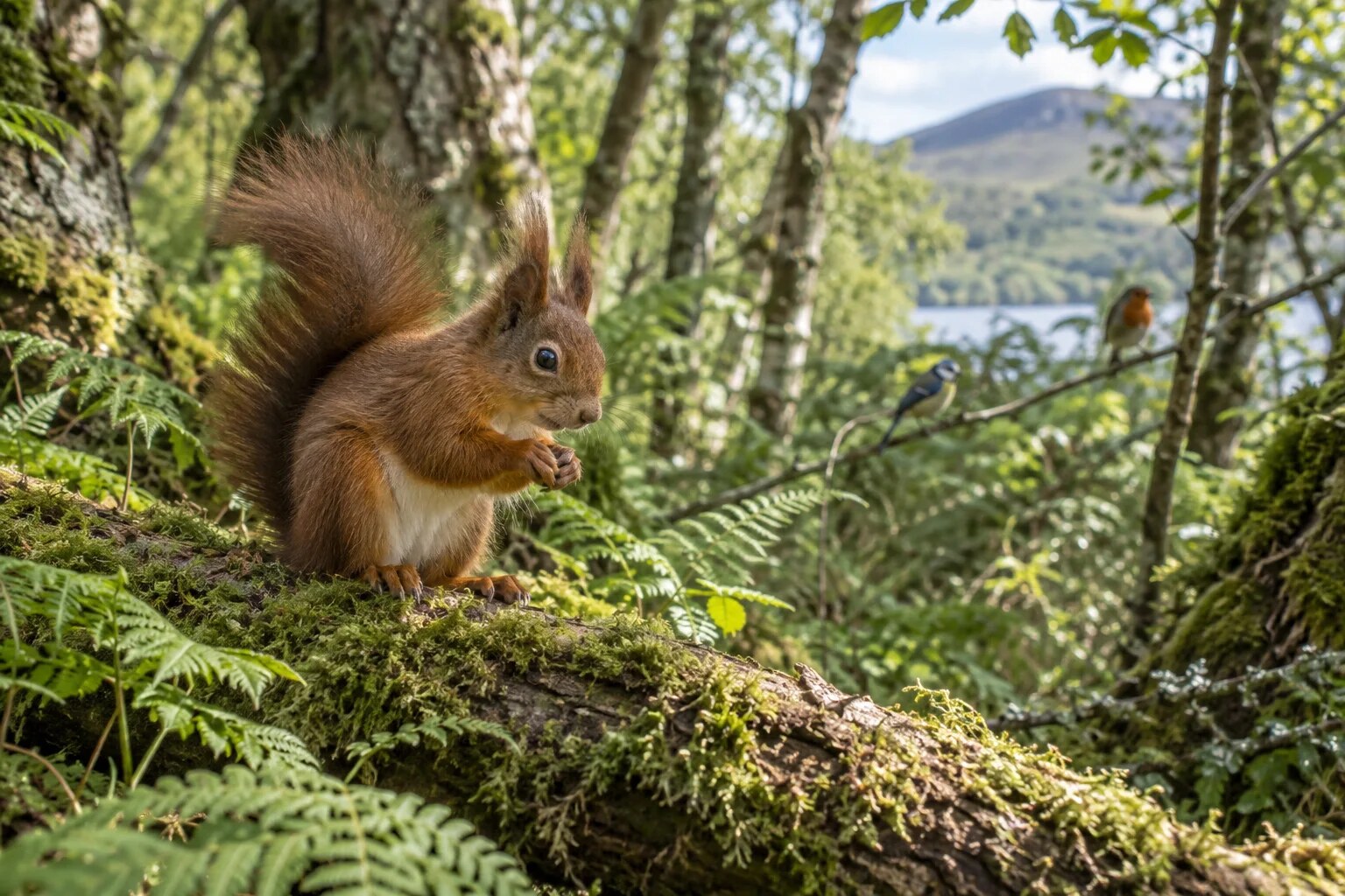 Red squirrel and woodland birds on Arran