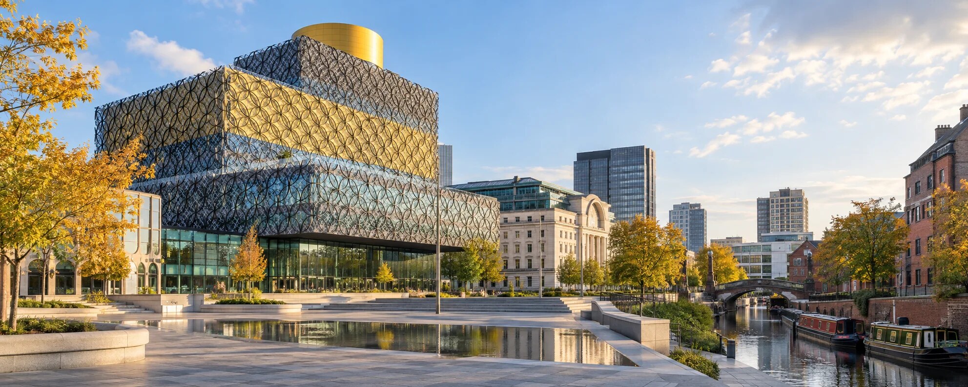 Birmingham cityscape with the Library of Birmingham and canal