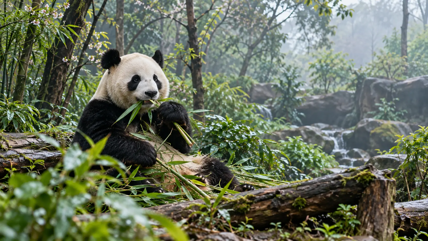 Giant panda eating bamboo in a green Chengdu habitat