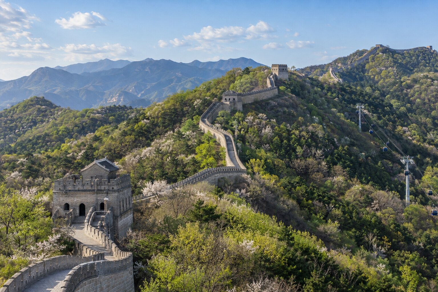 Mutianyu Great Wall and cable car in the spring mountains