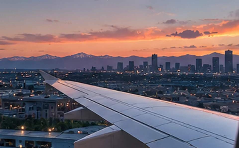 Illustrative airplane wing at sunset