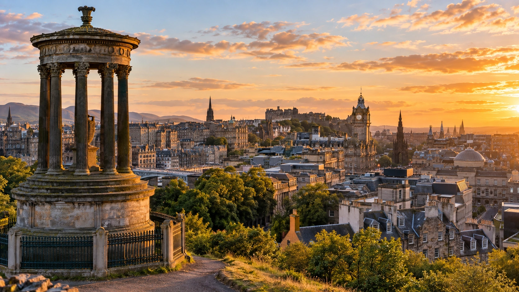 Panoramic Edinburgh skyline with Calton Hill at golden hour