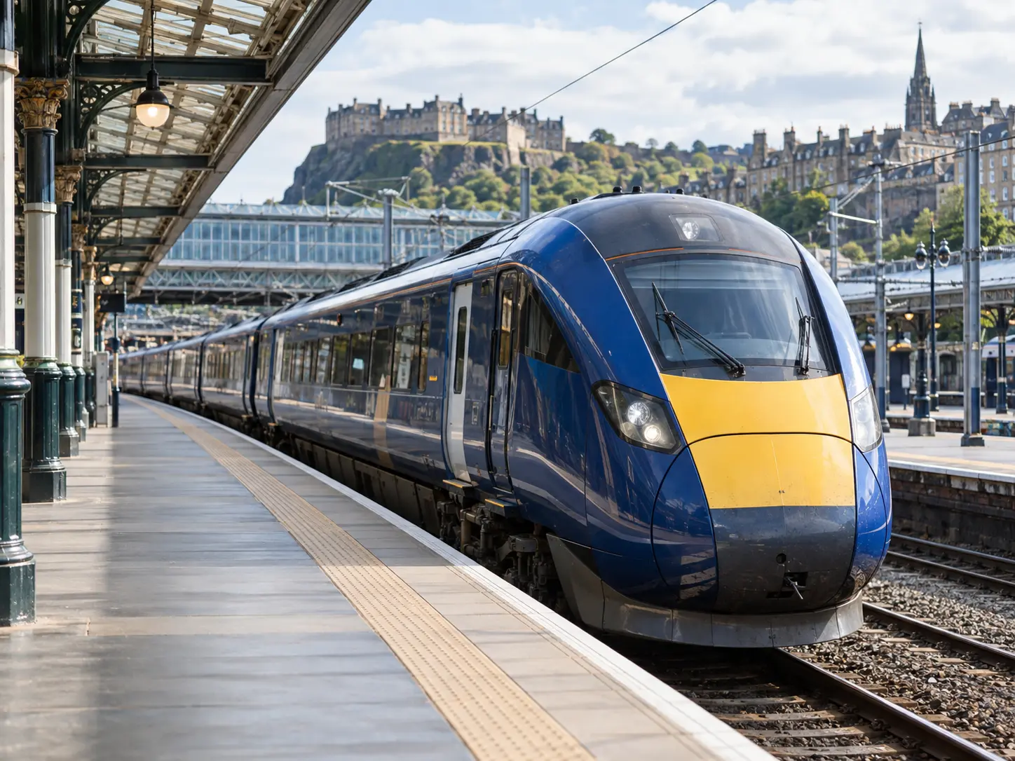modern passenger train at Edinburgh station