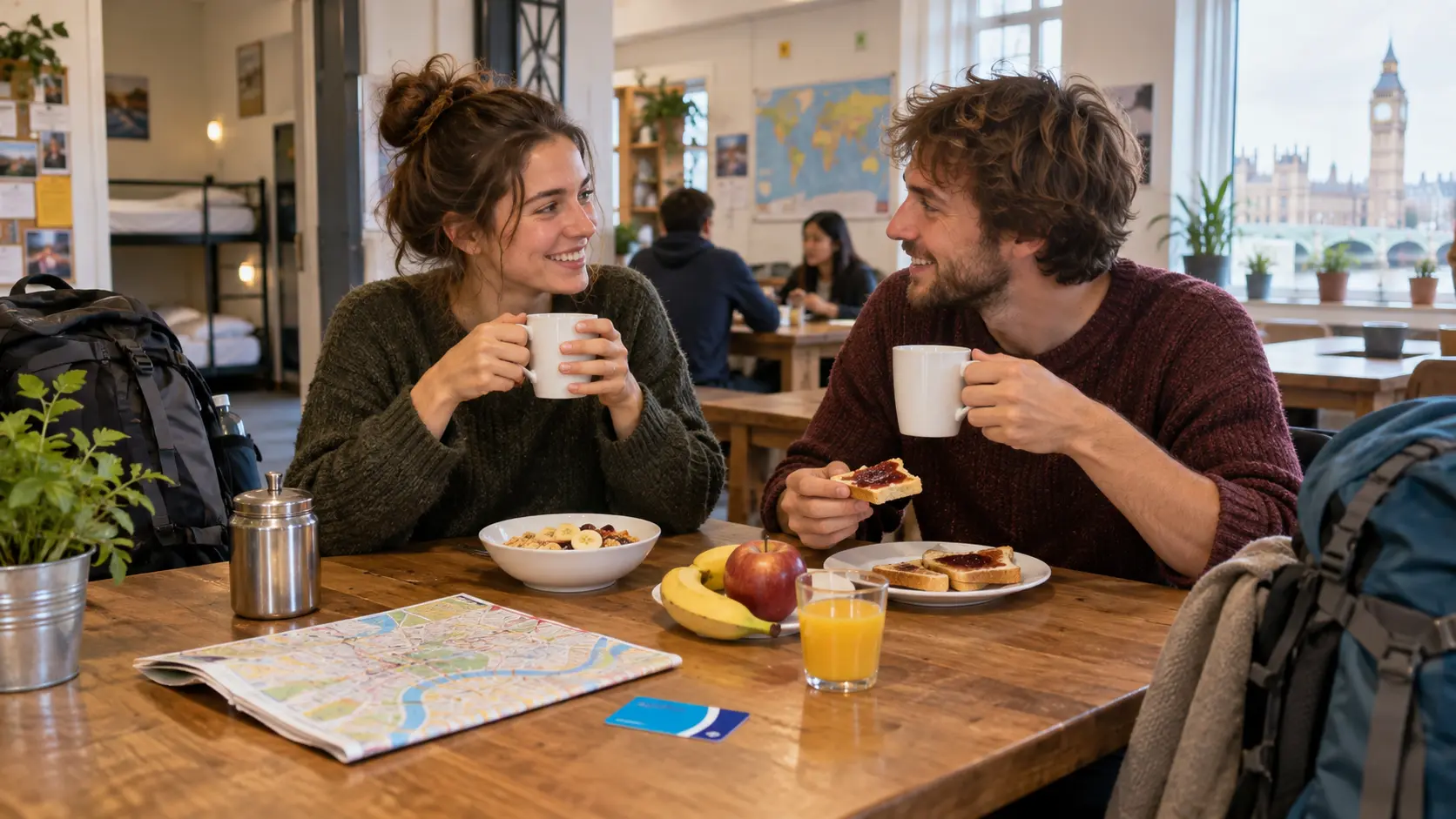 youth hostel breakfast with coffee and a London map
