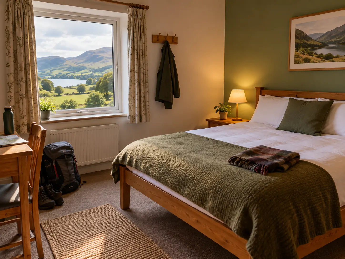 simple private hostel room with Lake District scenery outside