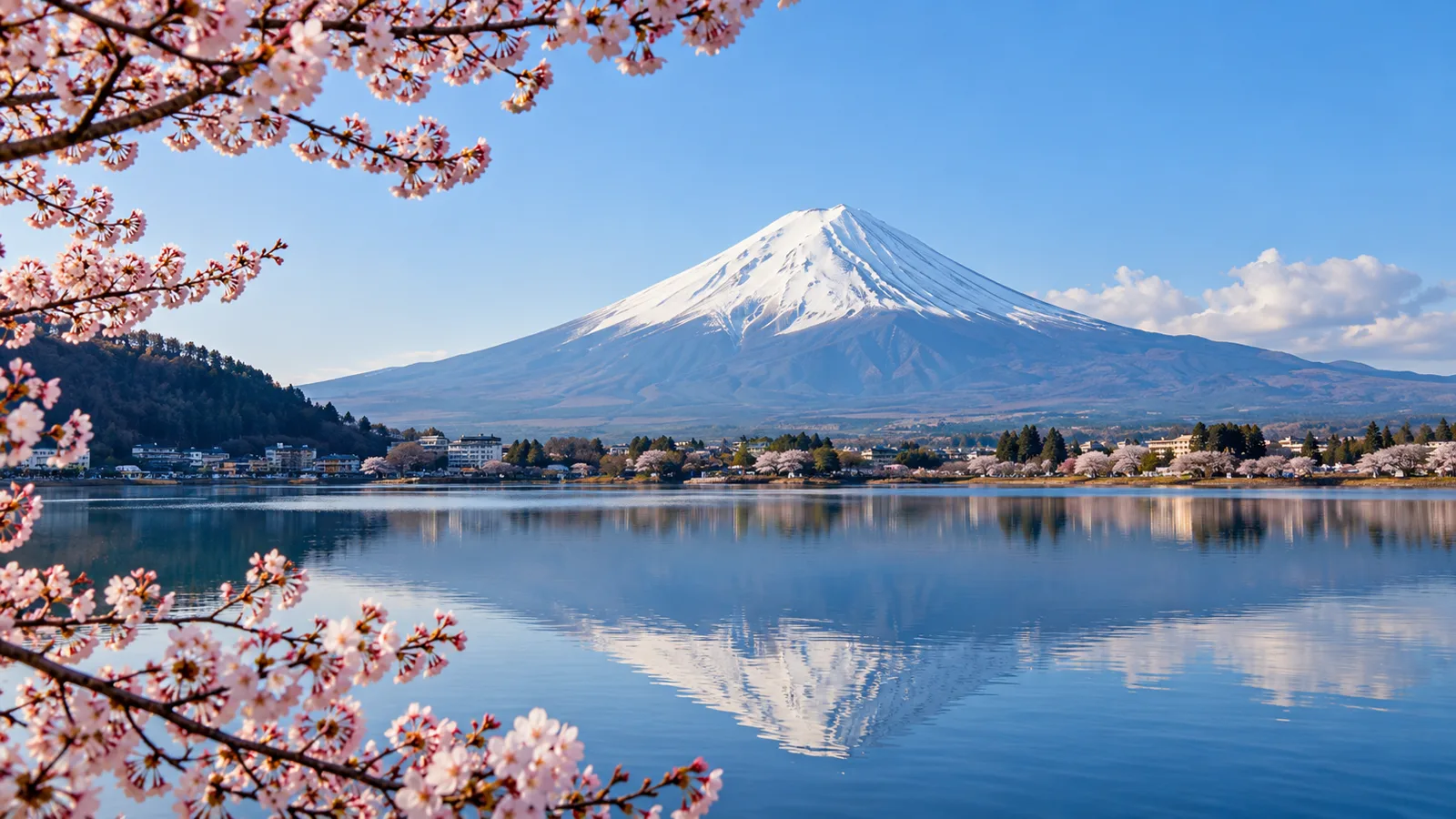 Snow-capped Mount Fuji reflected in Lake Kawaguchiko
