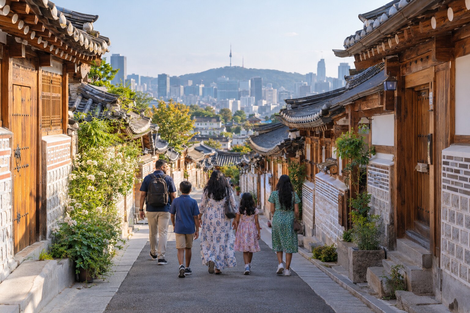 Family walking among traditional houses in Bukchon Hanok Village