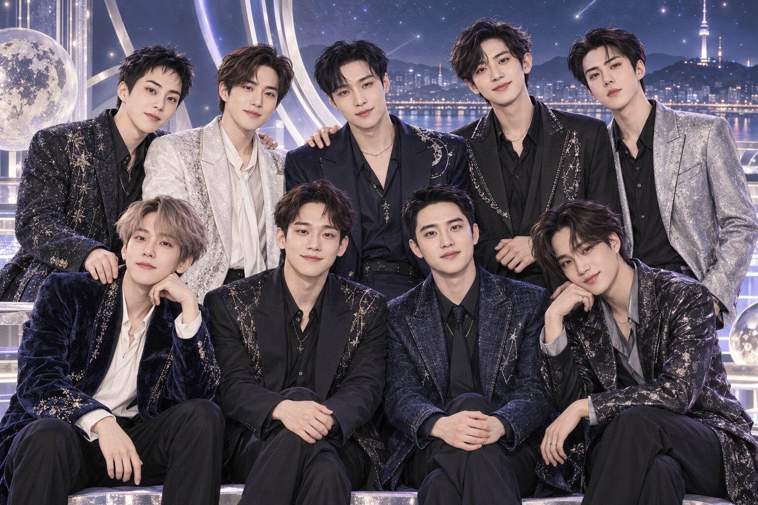 Editorial group artwork featuring the nine members of EXO