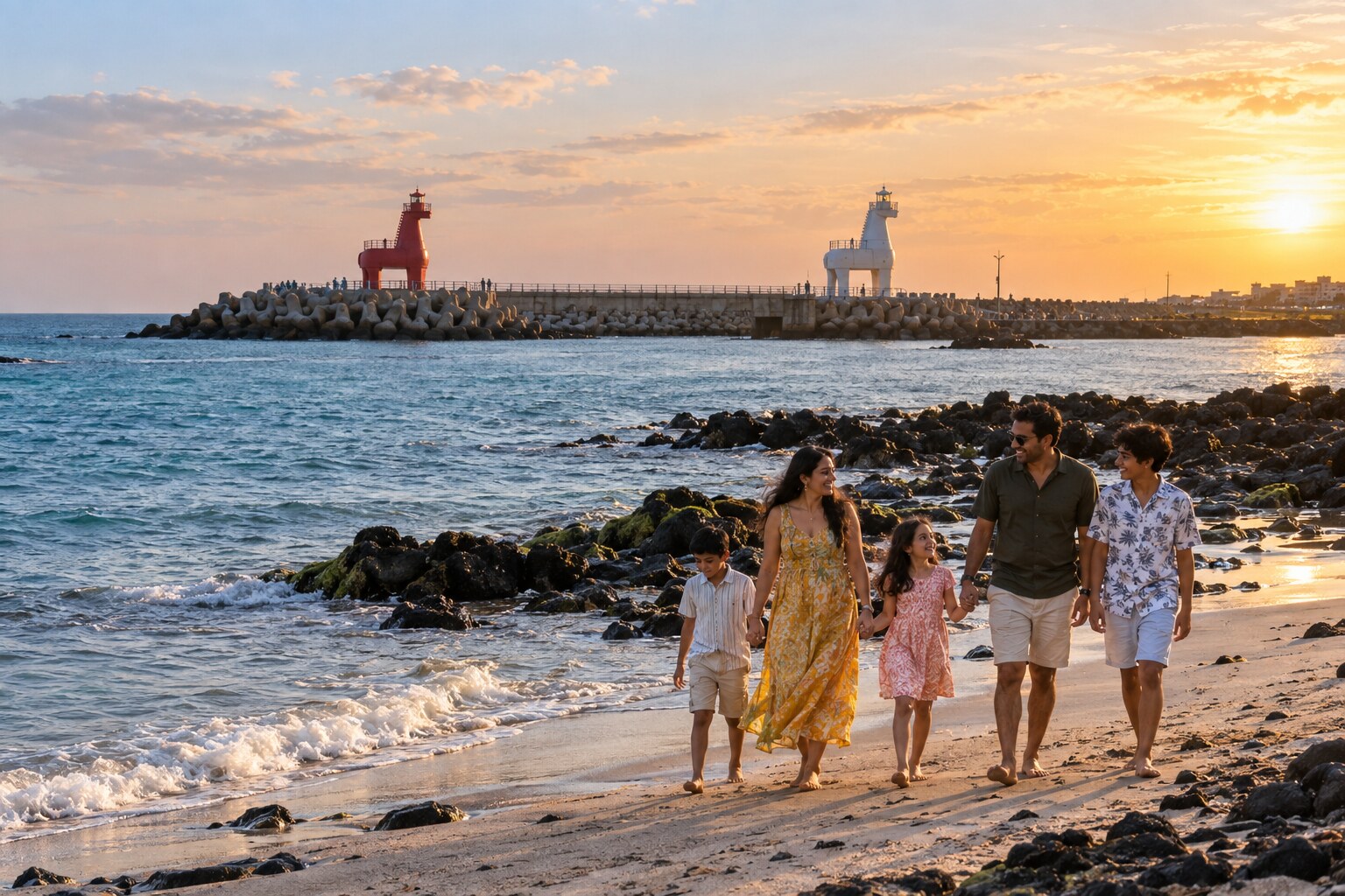 Iho Tewoo Beach with its red and white horse-shaped lighthouses