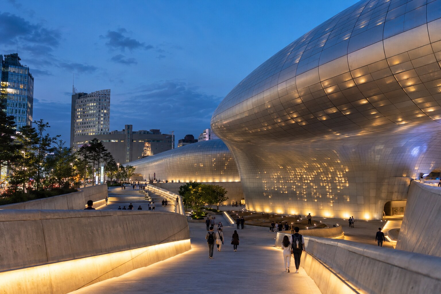 Dongdaemun Design Plaza illuminated in Seoul at blue hour