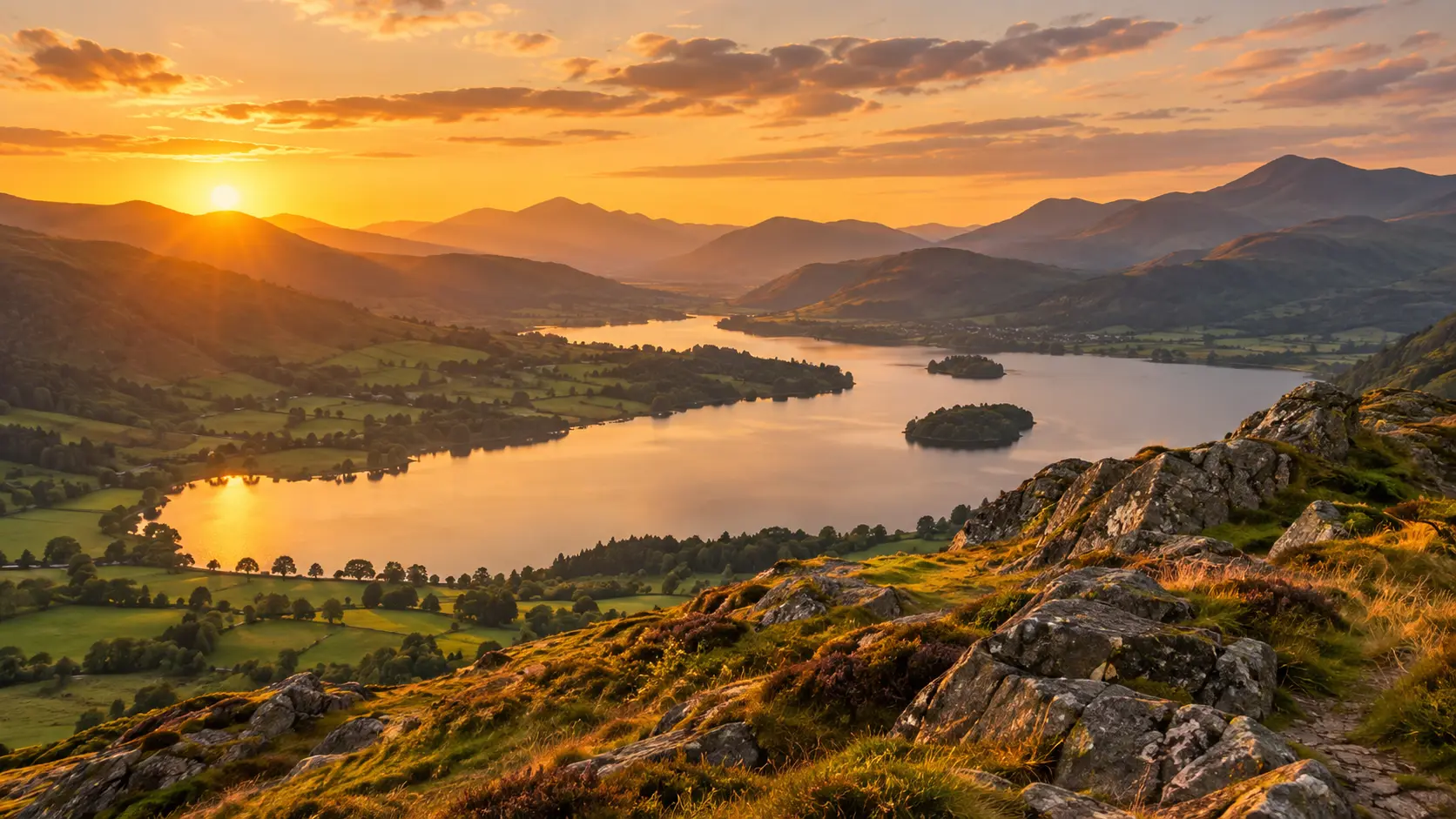 sunset over a Lake District lake and mountains