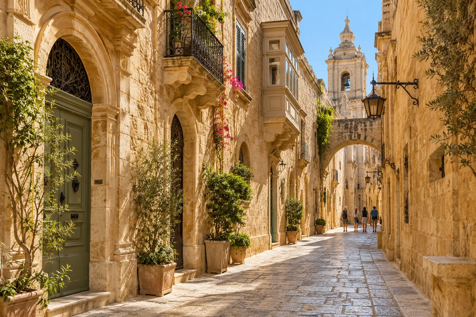 Quiet honey-coloured limestone street inside Mdina