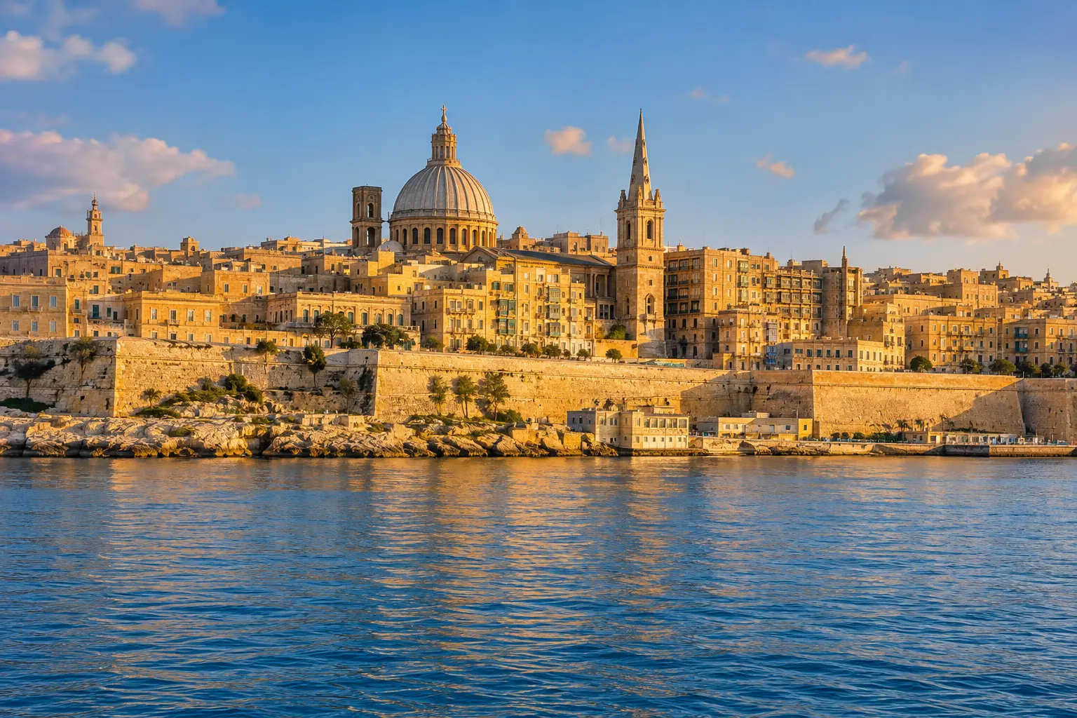 Valletta limestone skyline and bastions across the harbour