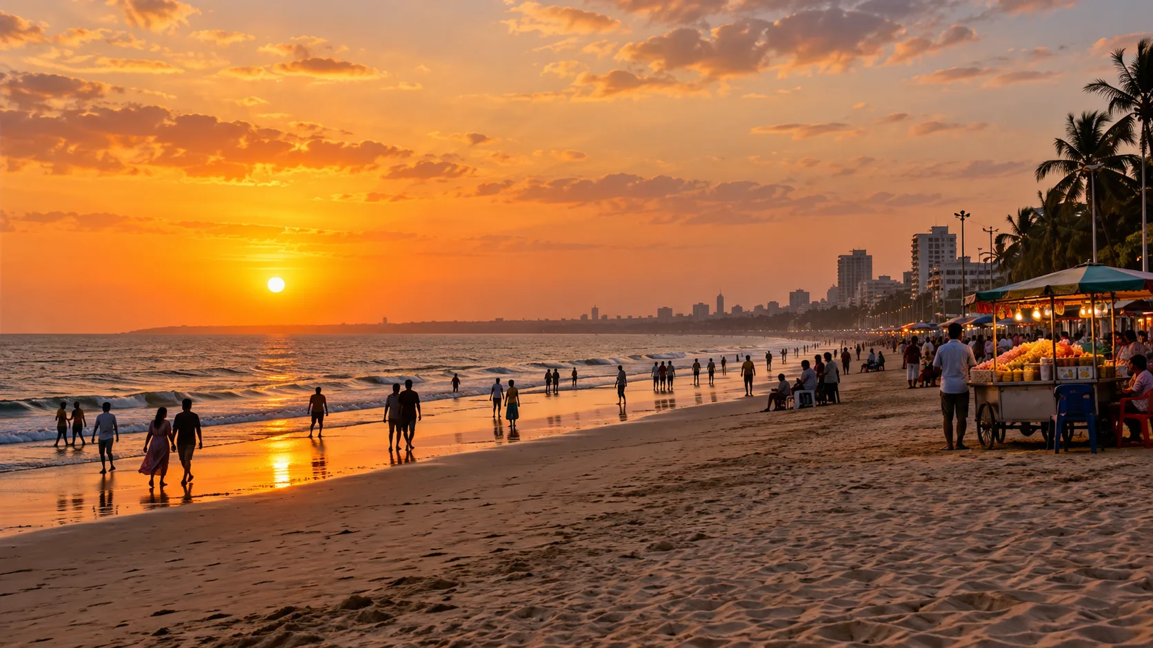 Juhu Beach shoreline in Mumbai at sunset