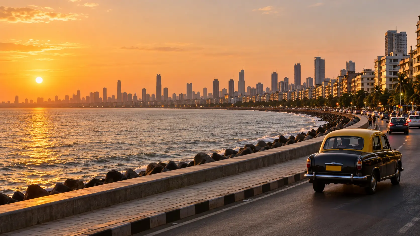 Marine Drive and the Mumbai skyline at golden hour