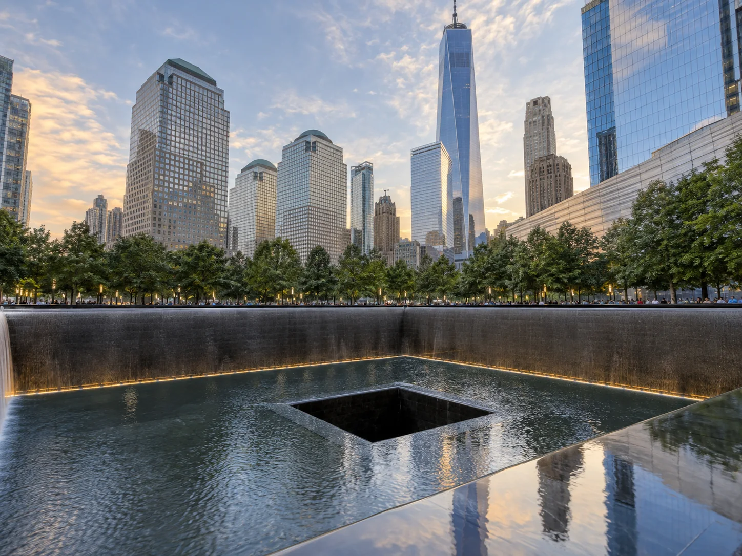 Illustrative 9/11 Memorial reflecting pool and Lower Manhattan skyline