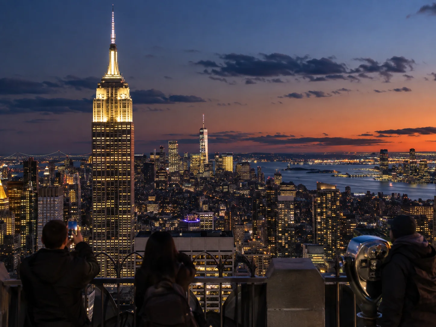 Illustrative Empire State Building and Manhattan skyline after sunset