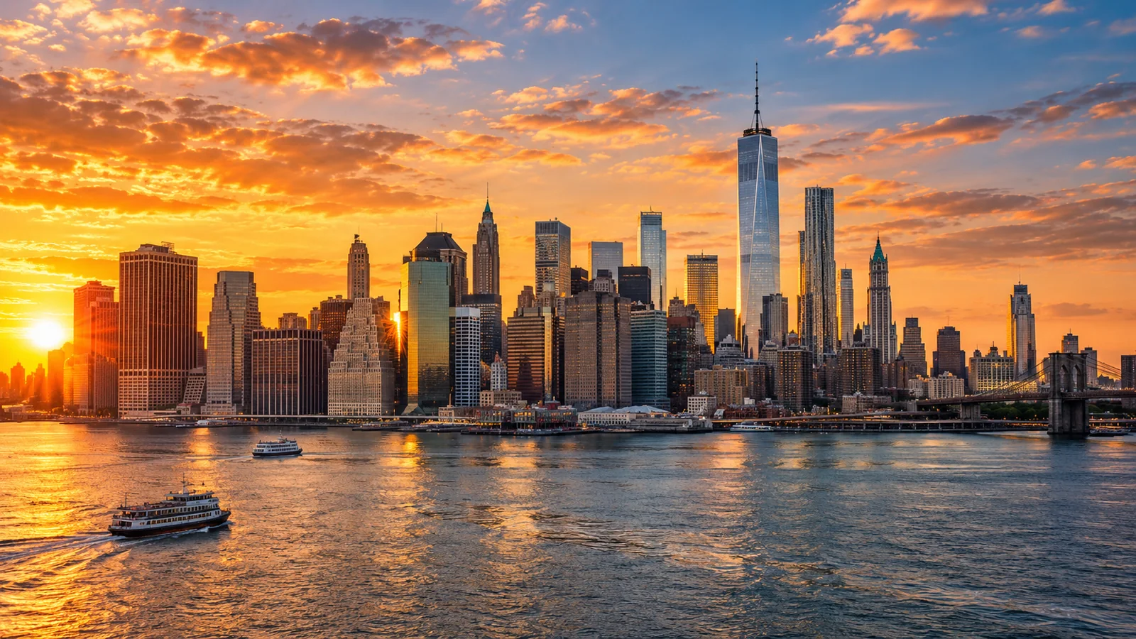 Illustrative New York City skyline at golden hour
