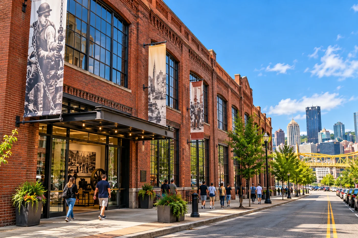 Illustrative historic brick museum streetscape in Pittsburgh