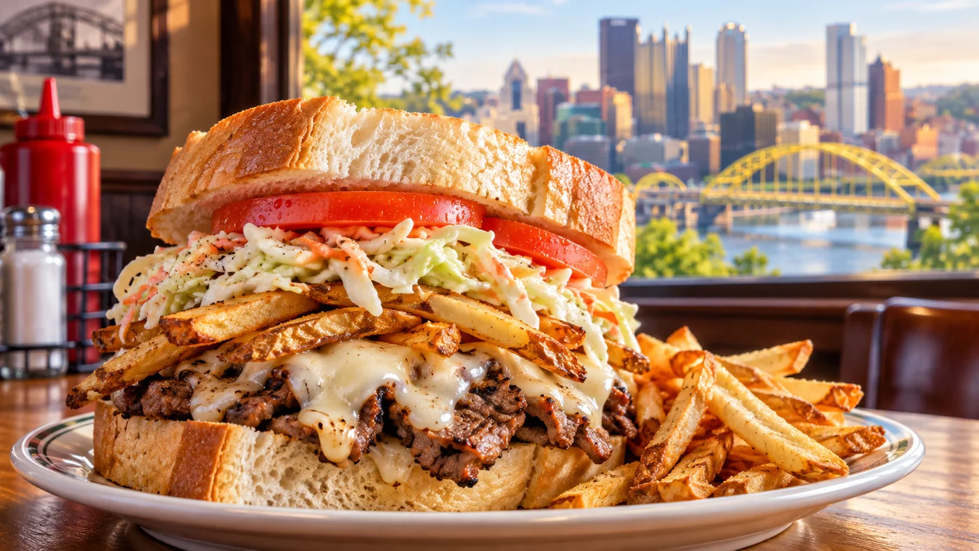 Illustrative Pittsburgh-style sandwich and fries
