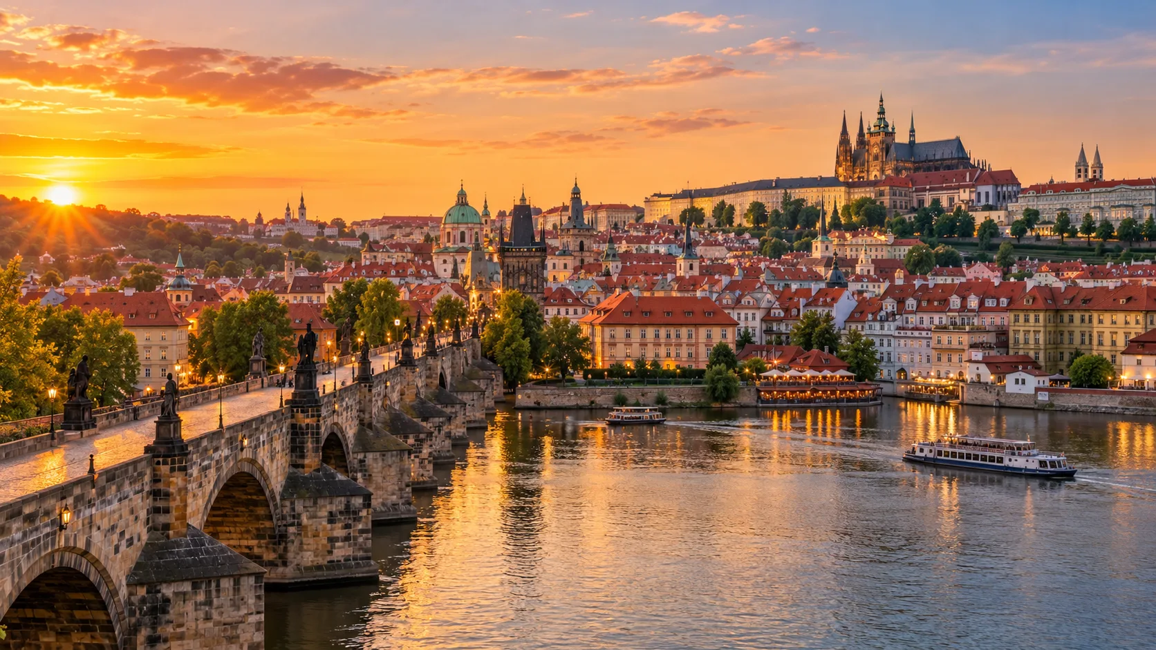 Charles Bridge, Prague Castle and the Vltava River at sunset