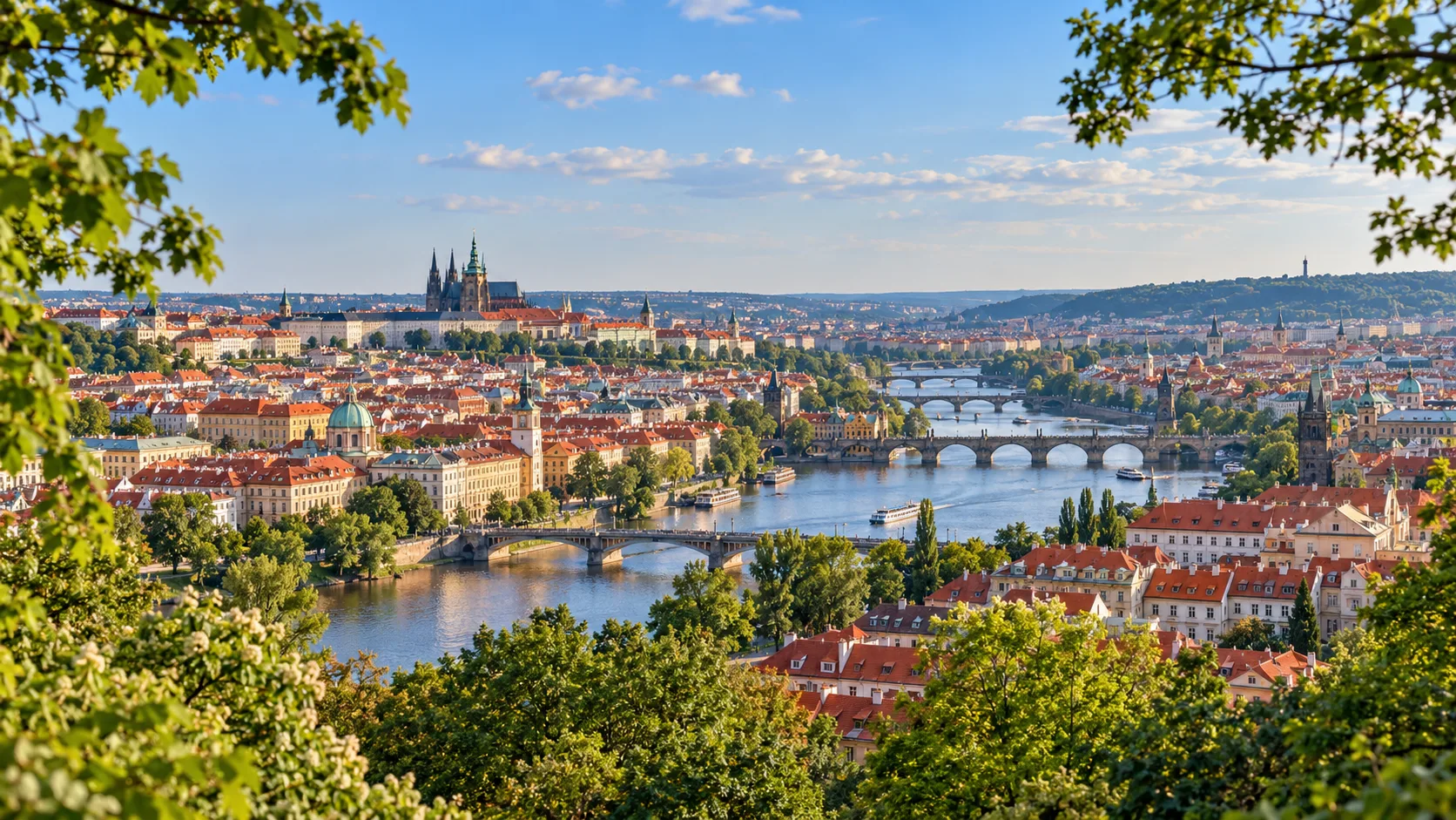 Prague skyline and the Vltava River viewed from Petřín Hill
