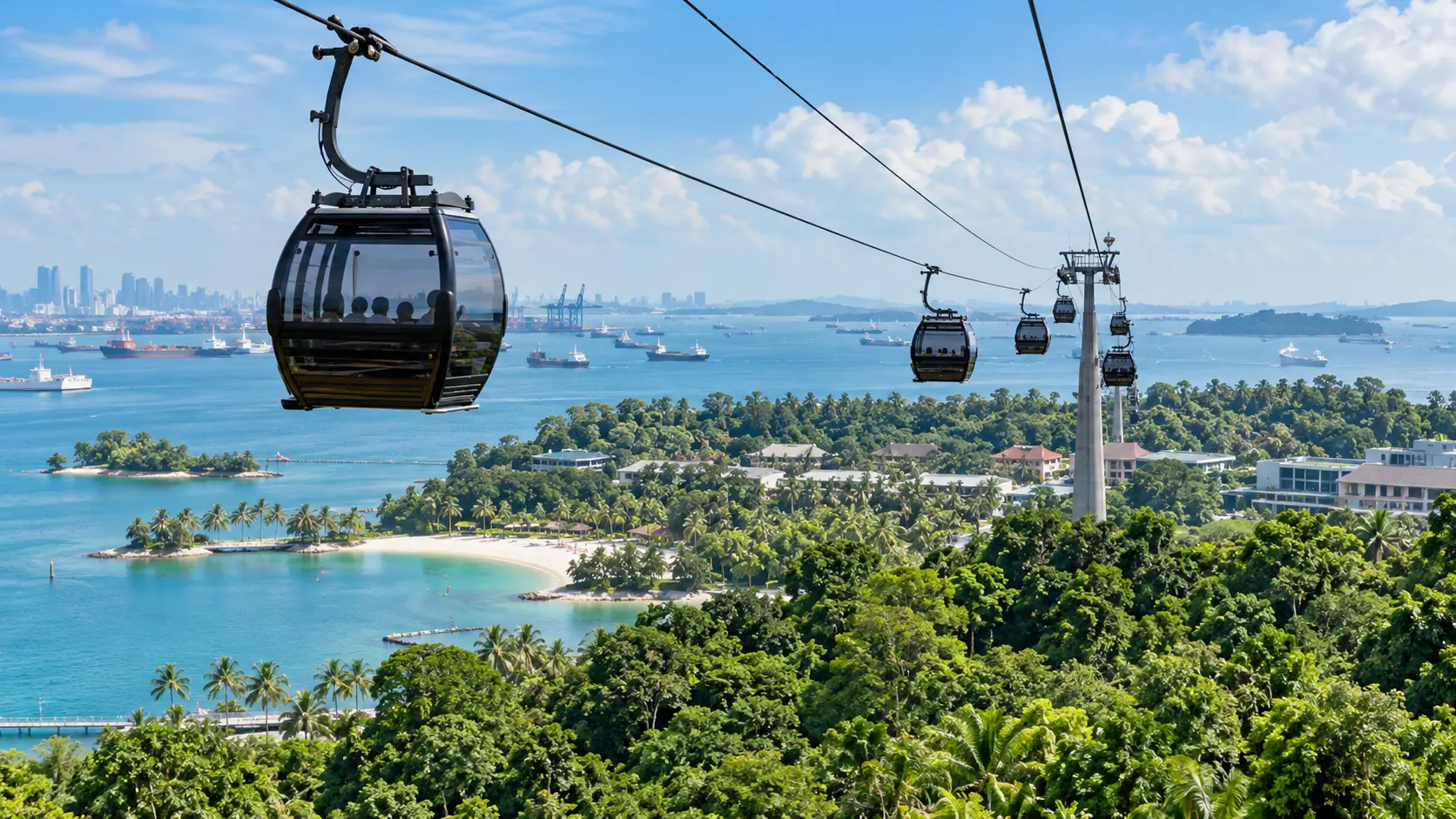Cable cars travelling above Sentosa and Singapore harbour