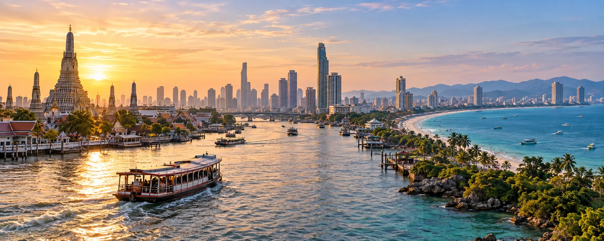 Bangkok river boats, temple skyline and Pattaya coastline