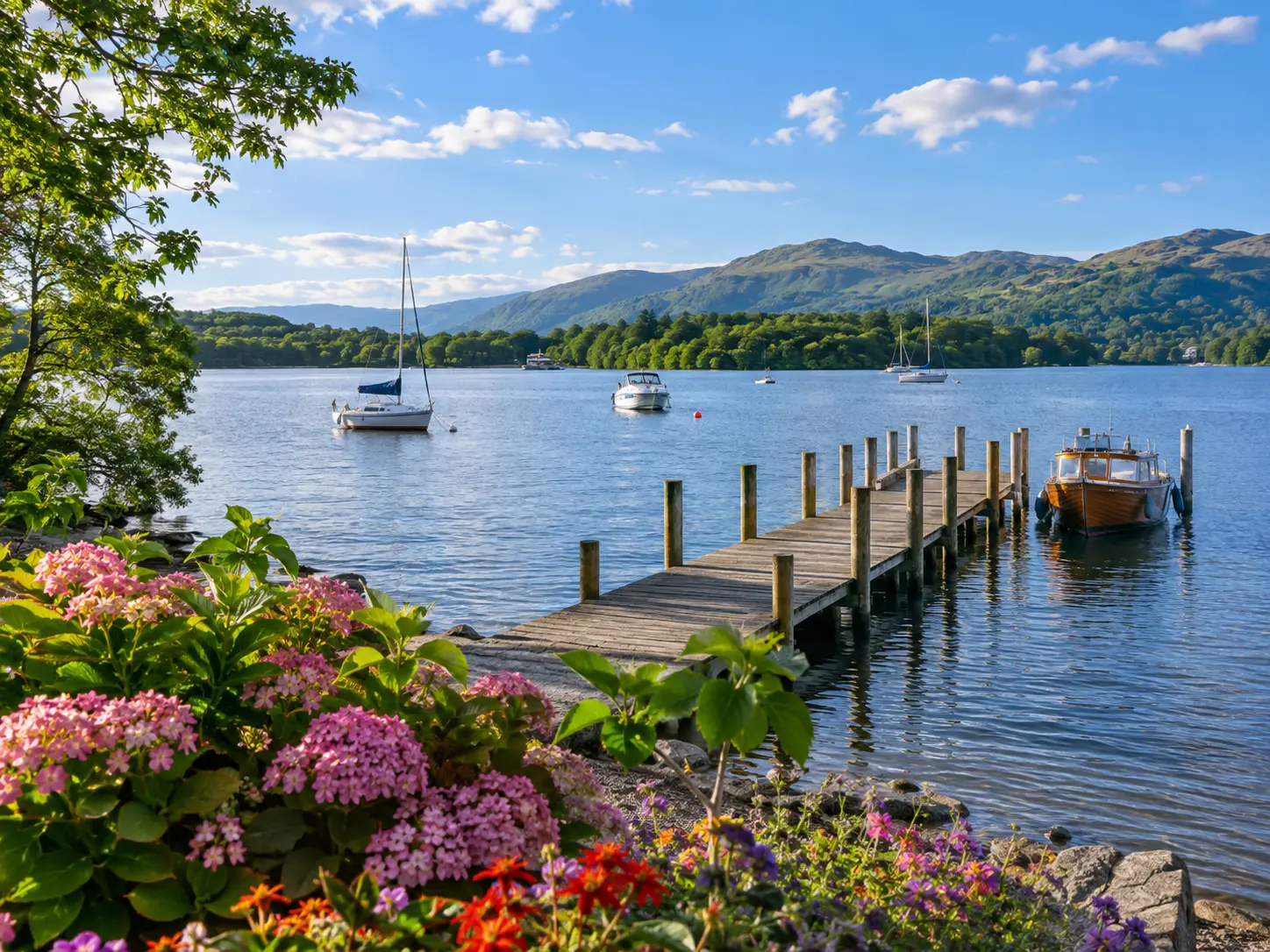 peaceful Windermere lakeside with boats, pier and mountains