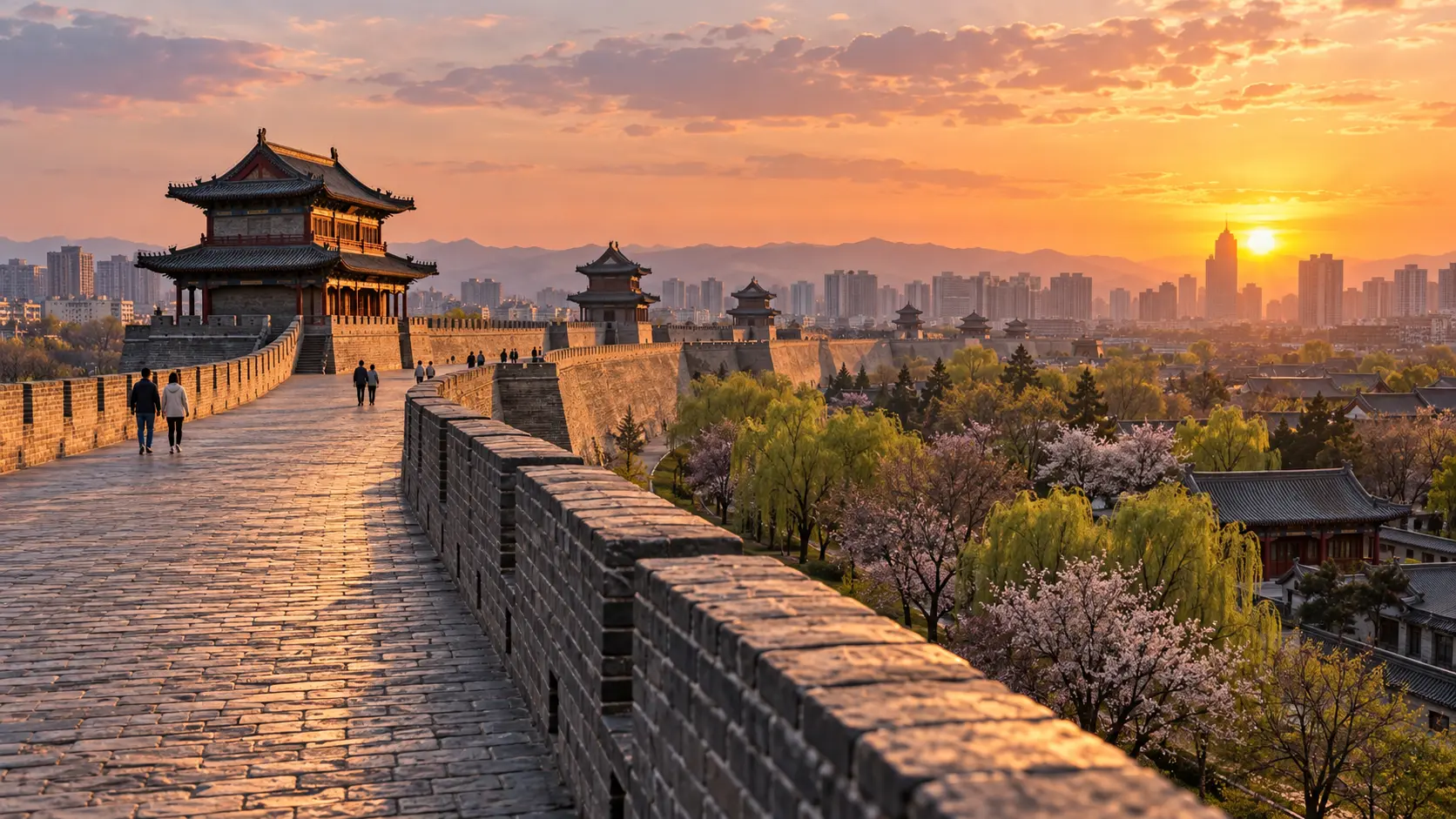 Xi’an Ancient City Wall and watchtowers at sunset