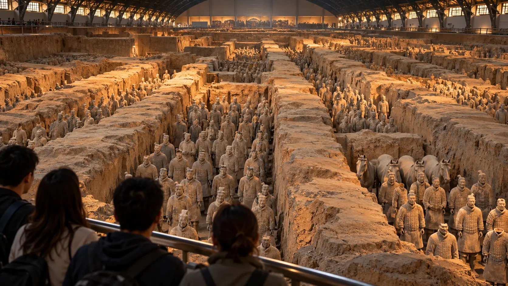 Rows of Terracotta Army figures inside the Xi’an excavation hall